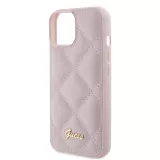 iPhone 15 Case Hülle - Guess Kunstleder-Fleece in Karomuster und goldfarbener Metallic-Logoprägung - Hellrosa