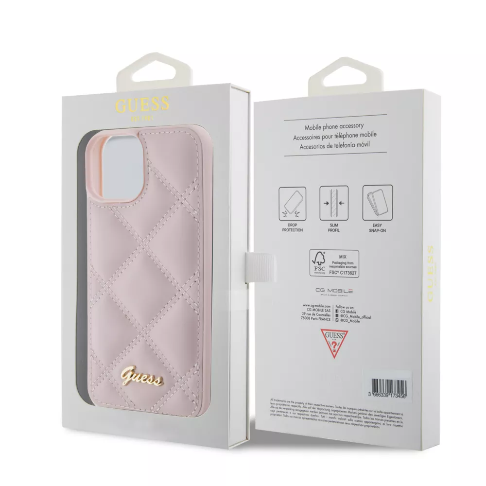 iPhone 15 Case Hülle - Guess Kunstleder-Fleece in Karomuster und goldfarbener Metallic-Logoprägung - Hellrosa