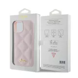 iPhone 15 Case Hülle - Guess Kunstleder-Fleece in Karomuster und goldfarbener Metallic-Logoprägung - Hellrosa