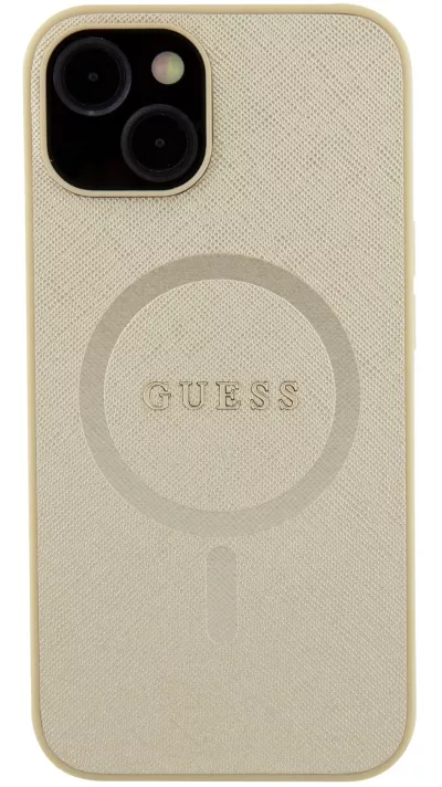 iPhone 15 Case Hülle - Guess Kunstleder Saffiano Gold Metall-Logo und MagSafe - Gold