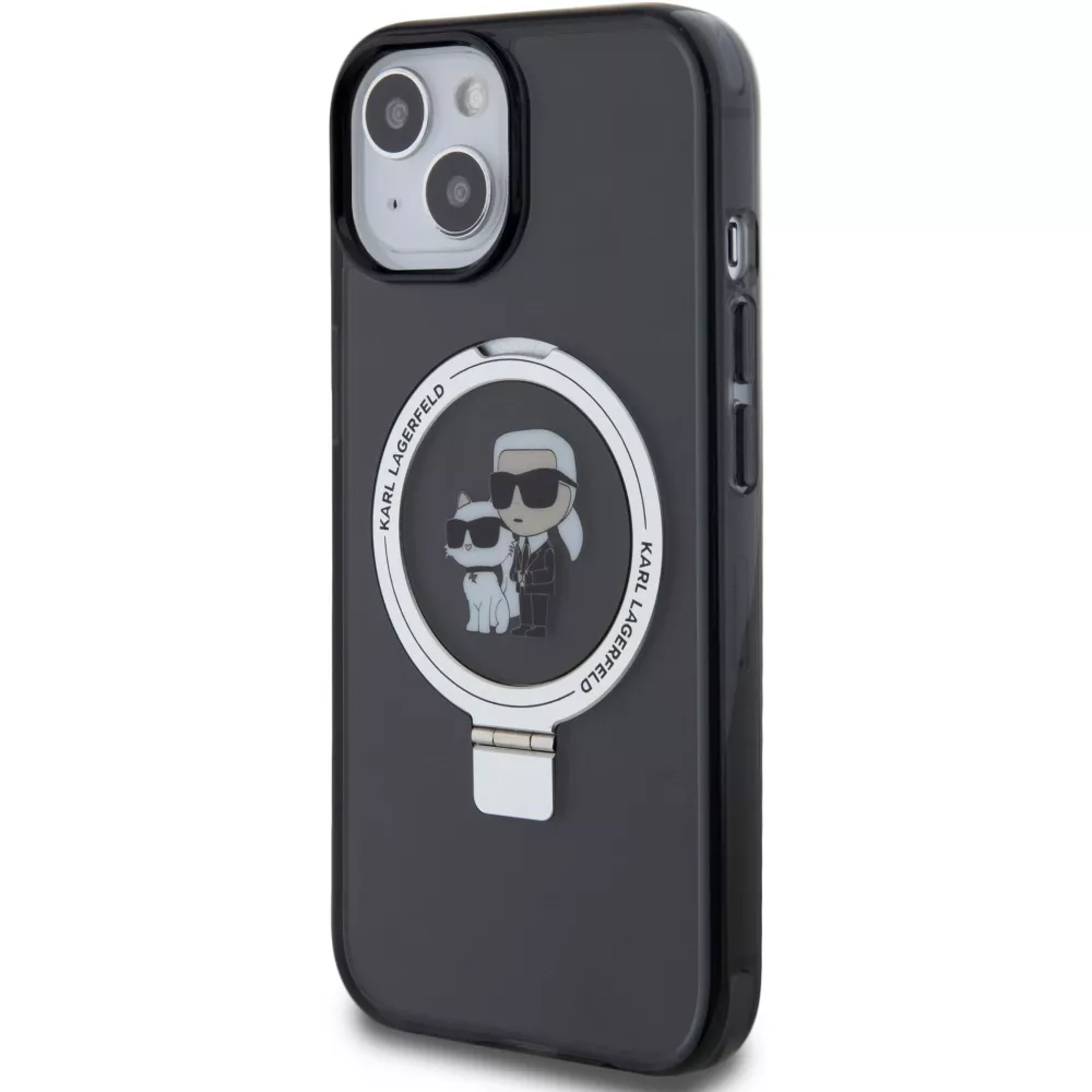 iPhone 15 Case Hülle - Karl Lagerfeld und Choupette Gel lackiert mit integriertem, abnehmbarem Metallstützring und Magsafe - Grau