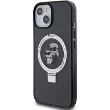 iPhone 15 Case Hülle - Karl Lagerfeld und Choupette Gel lackiert mit integriertem, abnehmbarem Metallstützring und Magsafe - Grau