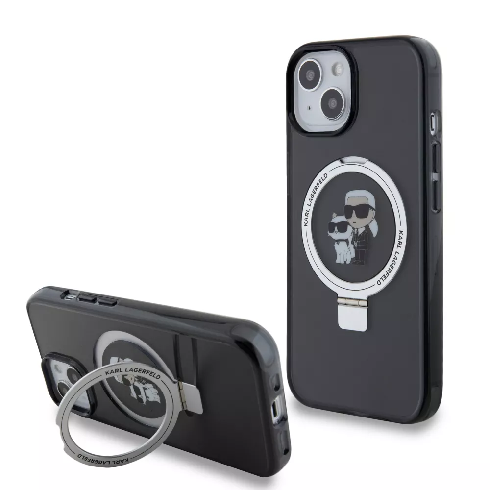 iPhone 15 Case Hülle - Karl Lagerfeld und Choupette Gel lackiert mit integriertem, abnehmbarem Metallstützring und Magsafe - Grau
