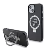 iPhone 15 Case Hülle - Karl Lagerfeld und Choupette Gel lackiert mit integriertem, abnehmbarem Metallstützring und Magsafe - Grau