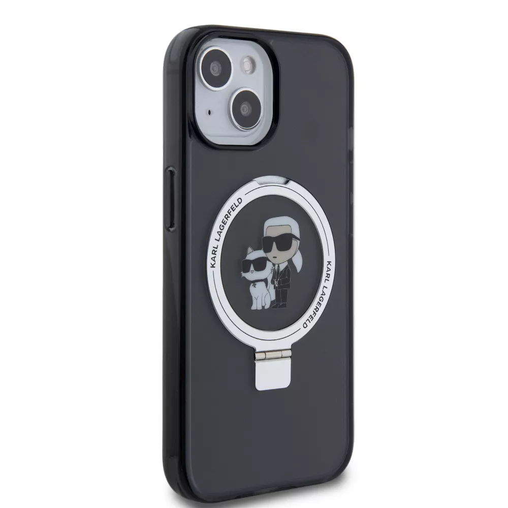 iPhone 15 Case Hülle - Karl Lagerfeld und Choupette Gel lackiert mit integriertem, abnehmbarem Metallstützring und Magsafe - Grau