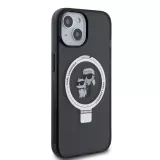 iPhone 15 Case Hülle - Karl Lagerfeld und Choupette Gel lackiert mit integriertem, abnehmbarem Metallstützring und Magsafe - Grau