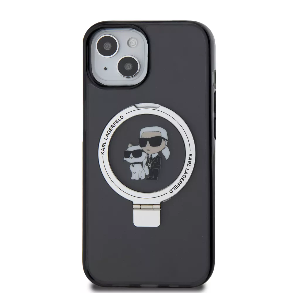 iPhone 15 Case Hülle - Karl Lagerfeld und Choupette Gel lackiert mit integriertem, abnehmbarem Metallstützring und Magsafe - Grau