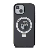 iPhone 15 Case Hülle - Karl Lagerfeld und Choupette Gel lackiert mit integriertem, abnehmbarem Metallstützring und Magsafe - Grau