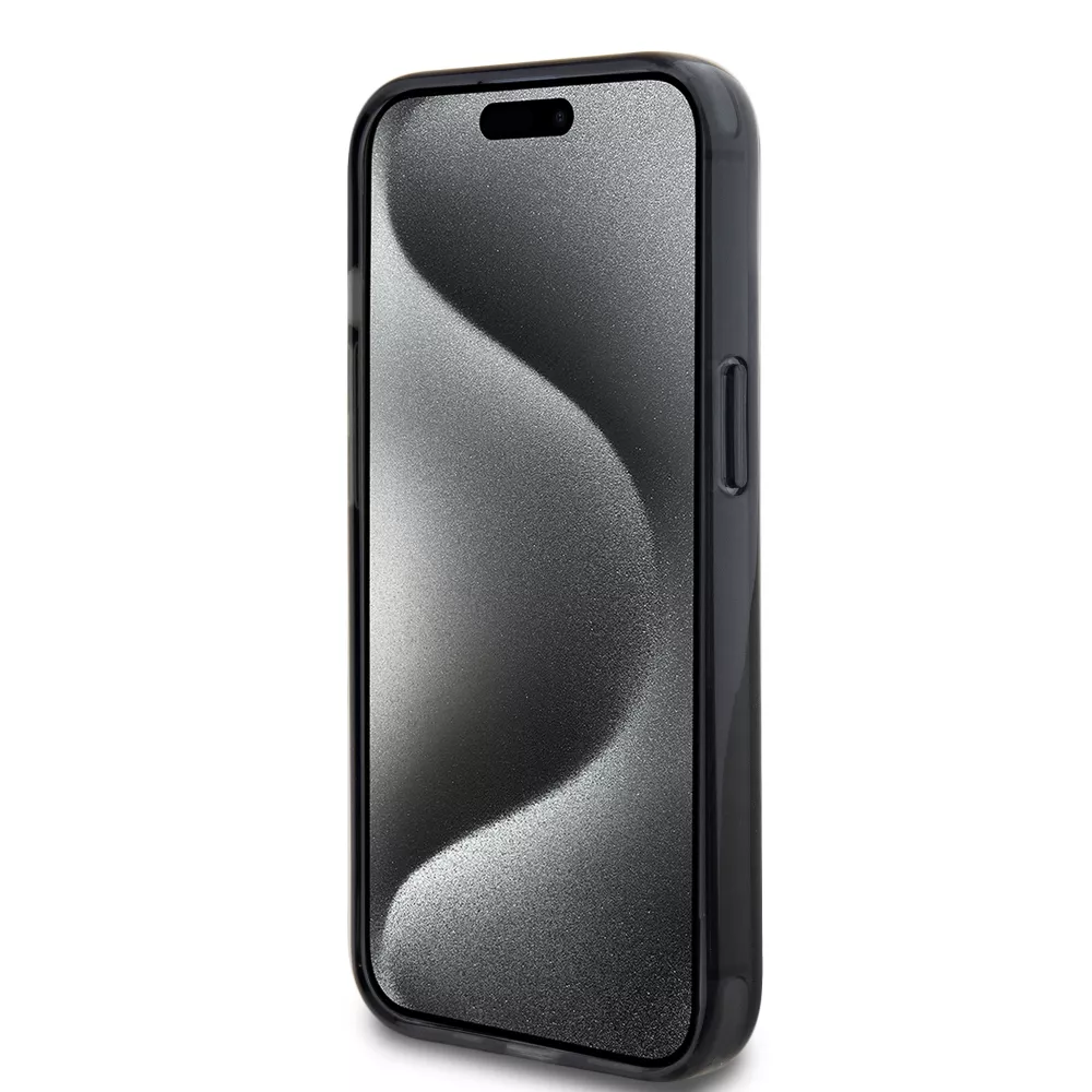 iPhone 15 Case Hülle - Karl Lagerfeld und Choupette Gel lackiert mit integriertem, abnehmbarem Metallstützring und Magsafe - Grau