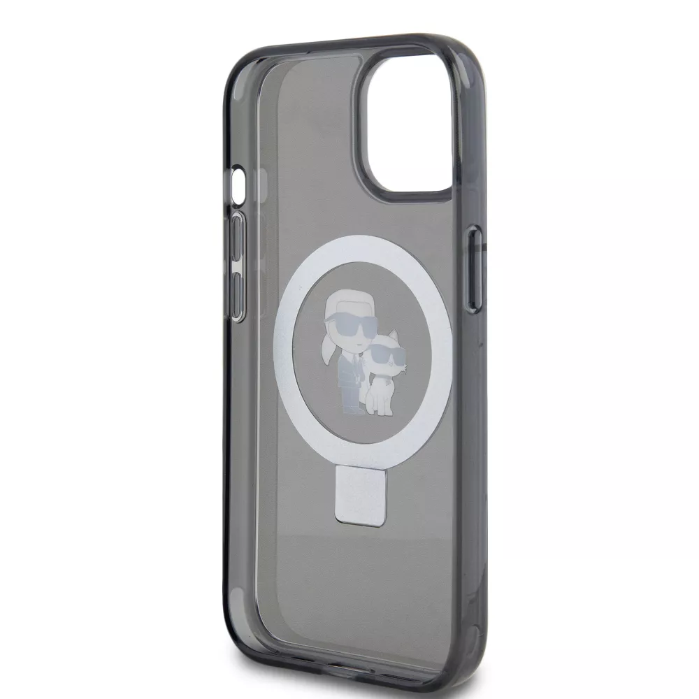 iPhone 15 Case Hülle - Karl Lagerfeld und Choupette Gel lackiert mit integriertem, abnehmbarem Metallstützring und Magsafe - Grau