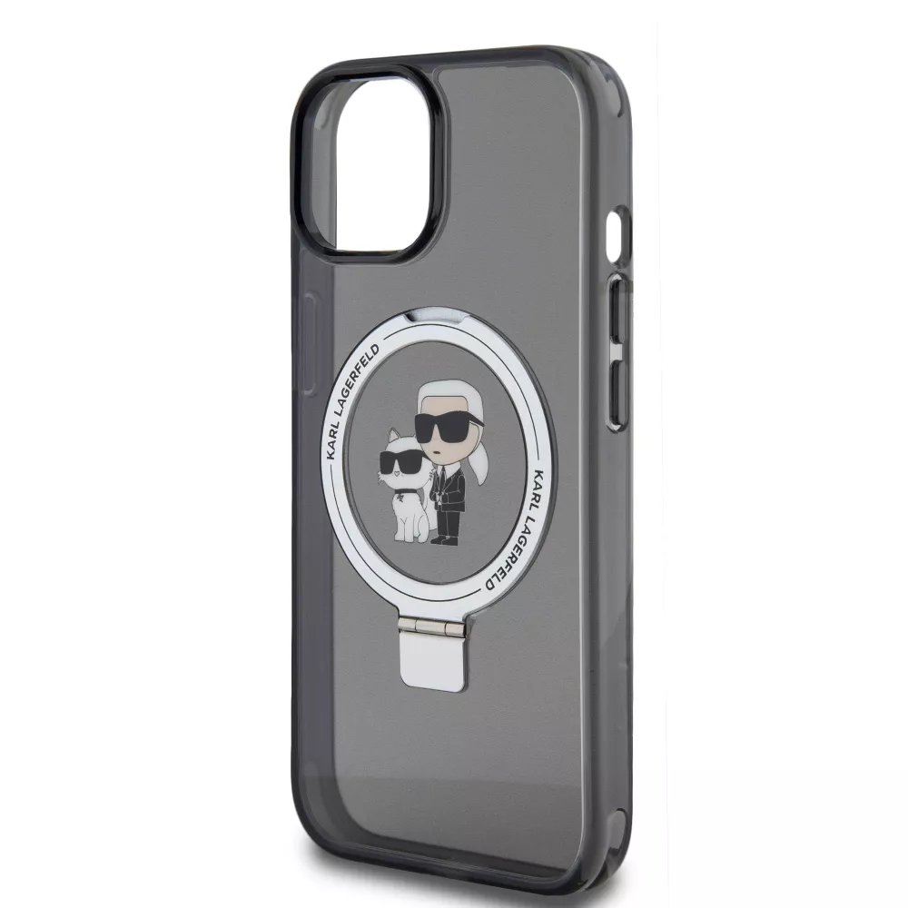 iPhone 15 Case Hülle - Karl Lagerfeld und Choupette Gel lackiert mit integriertem, abnehmbarem Metallstützring und Magsafe - Grau