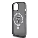 iPhone 15 Case Hülle - Karl Lagerfeld und Choupette Gel lackiert mit integriertem, abnehmbarem Metallstützring und Magsafe - Grau