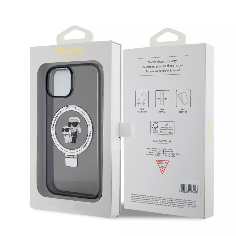 iPhone 15 Case Hülle - Karl Lagerfeld und Choupette Gel lackiert mit integriertem, abnehmbarem Metallstützring und Magsafe - Grau
