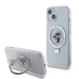 iPhone 15 Case Hülle - Karl Lagerfeld und Choupette Gel lackiert mit integriertem, abnehmbarem Metallstützring und Magsafe - Transparent