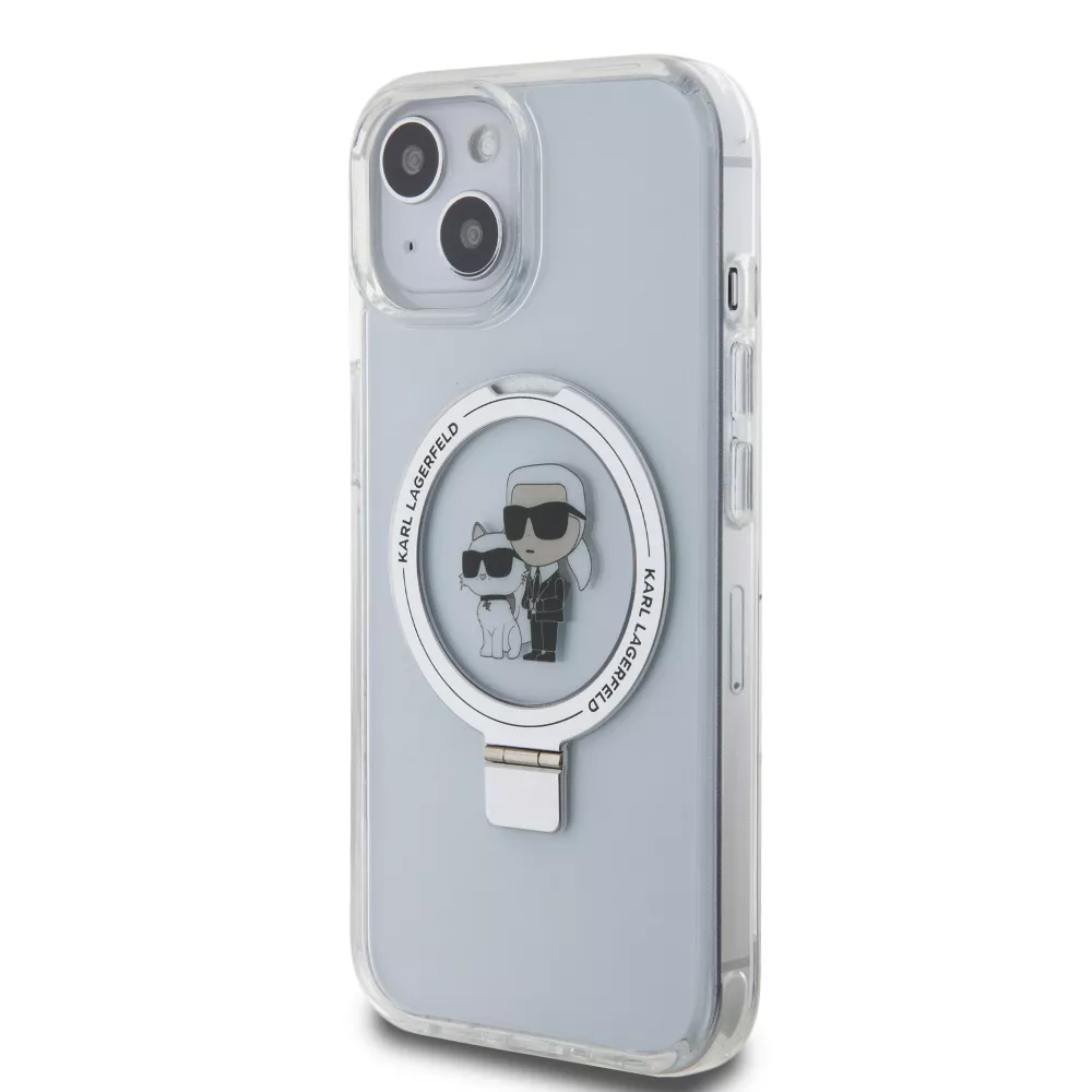 iPhone 15 Case Hülle - Karl Lagerfeld und Choupette Gel lackiert mit integriertem, abnehmbarem Metallstützring und Magsafe - Transparent