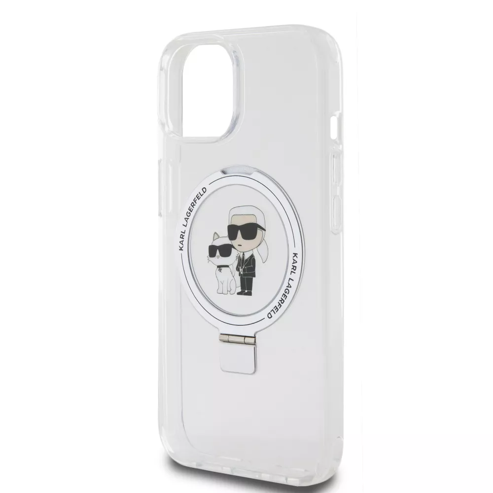 iPhone 15 Case Hülle - Karl Lagerfeld und Choupette Gel lackiert mit integriertem, abnehmbarem Metallstützring und Magsafe - Transparent