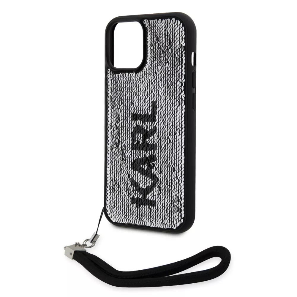iPhone 15 Case Hülle - Karl Lagerfeld Pailletten Glitters reversible zweifarbig mit abnehmbarem Handgelenk Riemen - Schwarz / Silber