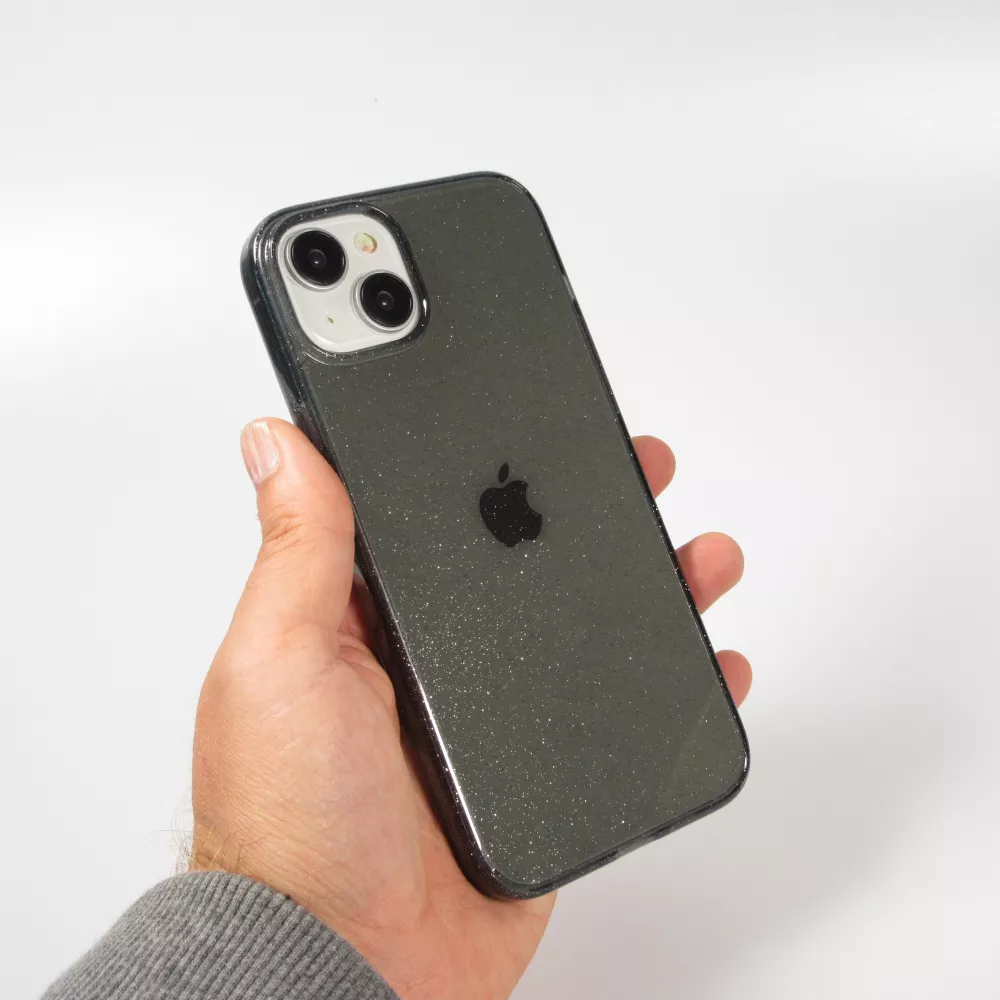 Coque iPhone 15 - Gel transparent avec paillettes - Noir