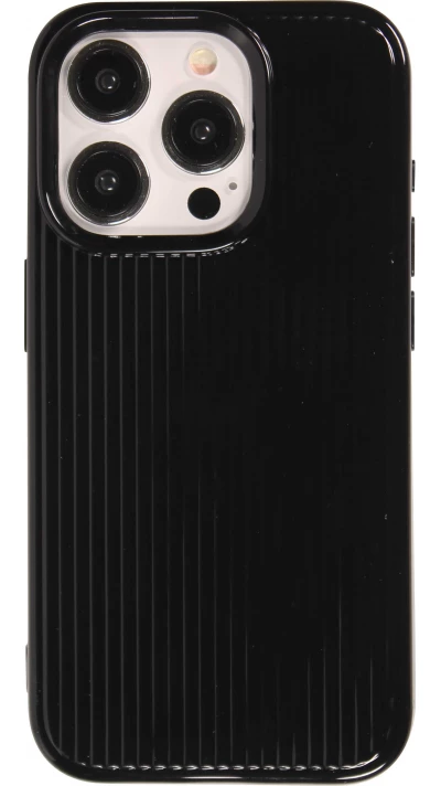 iPhone 15 Pro Case H&uuml;lle - Gl&auml;nzendes Silikongel mit strukturierten Linien - Schwarz