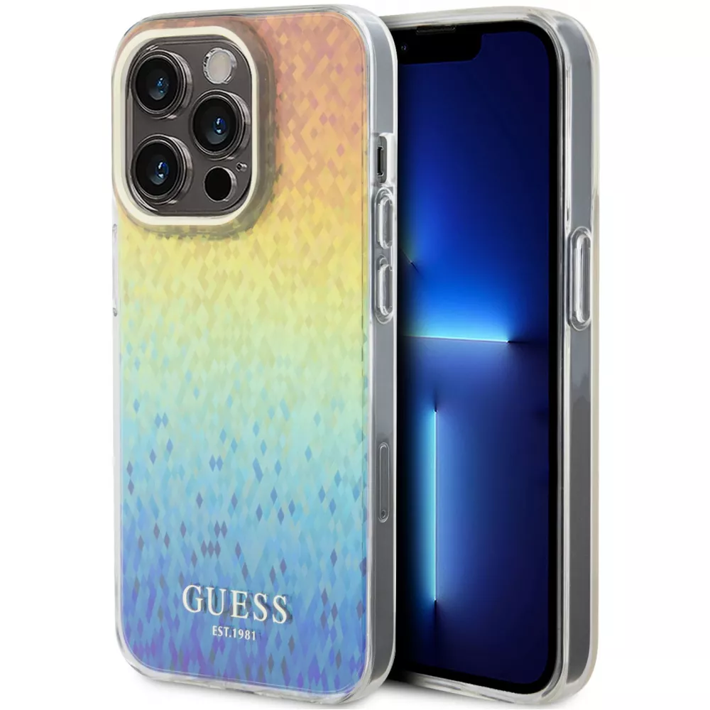 Coque iPhone 15 Pro - Guess dégradé de multifacettes miroir irisé style disco avec logo doré - Multicolore