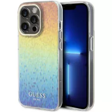 Coque iPhone 15 Pro - Guess dégradé de multifacettes miroir irisé style disco avec logo doré - Multicolore