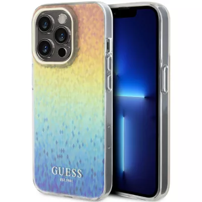 Coque iPhone 15 Pro - Guess dégradé de multifacettes miroir irisé style disco avec logo doré - Multicolore