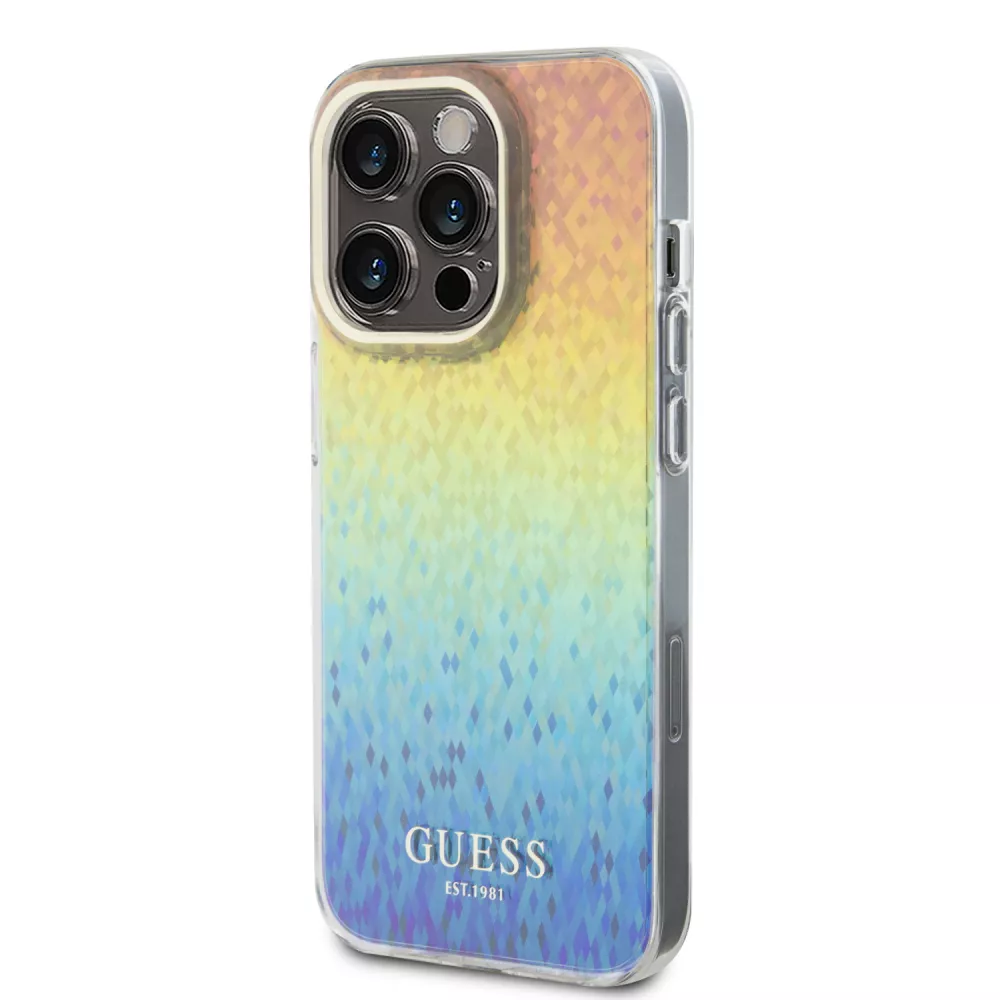 Coque iPhone 15 Pro - Guess dégradé de multifacettes miroir irisé style disco avec logo doré - Multicolore
