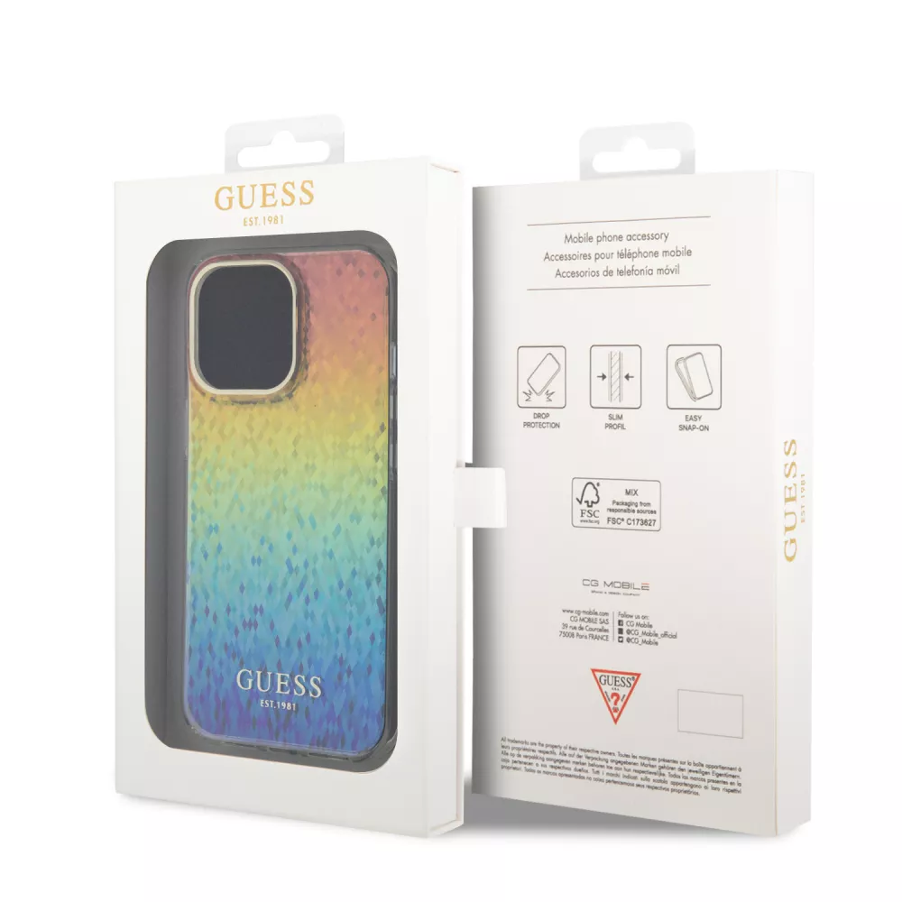 Coque iPhone 15 Pro - Guess dégradé de multifacettes miroir irisé style disco avec logo doré - Multicolore