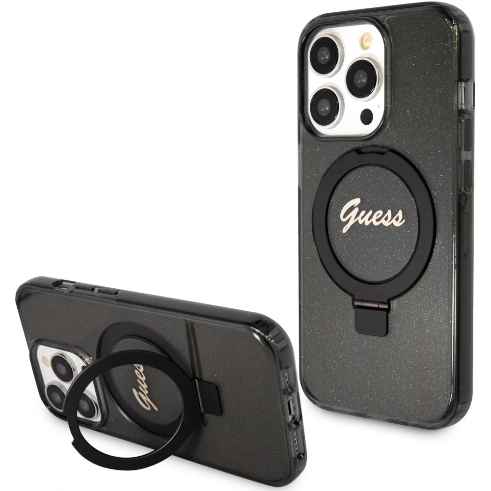 Coque iPhone 15 Pro Max - Guess gel rigide pailleté avec anneau support MagSafe amovible et logo doré - Noir transparent