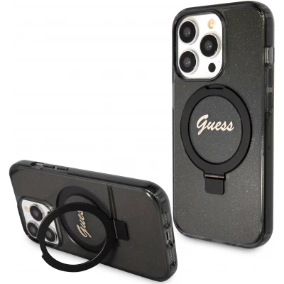 Coque iPhone 15 Pro Max - Guess gel rigide pailleté avec anneau support MagSafe amovible et logo doré - Noir transparent