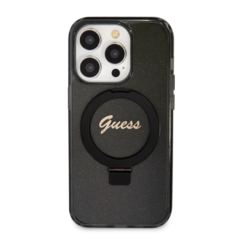 Coque iPhone 15 Pro Max - Guess gel rigide pailleté avec anneau support MagSafe amovible et logo doré - Noir transparent