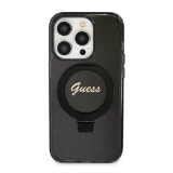 Coque iPhone 15 Pro Max - Guess gel rigide pailleté avec anneau support MagSafe amovible et logo doré - Noir transparent
