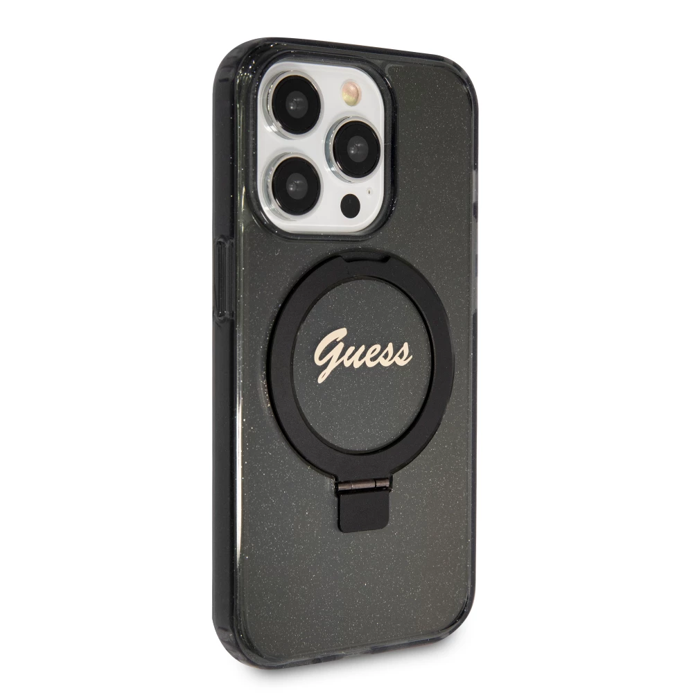 Coque iPhone 15 Pro Max - Guess gel rigide pailleté avec anneau support MagSafe amovible et logo doré - Noir transparent