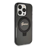 Coque iPhone 15 Pro Max - Guess gel rigide pailleté avec anneau support MagSafe amovible et logo doré - Noir transparent
