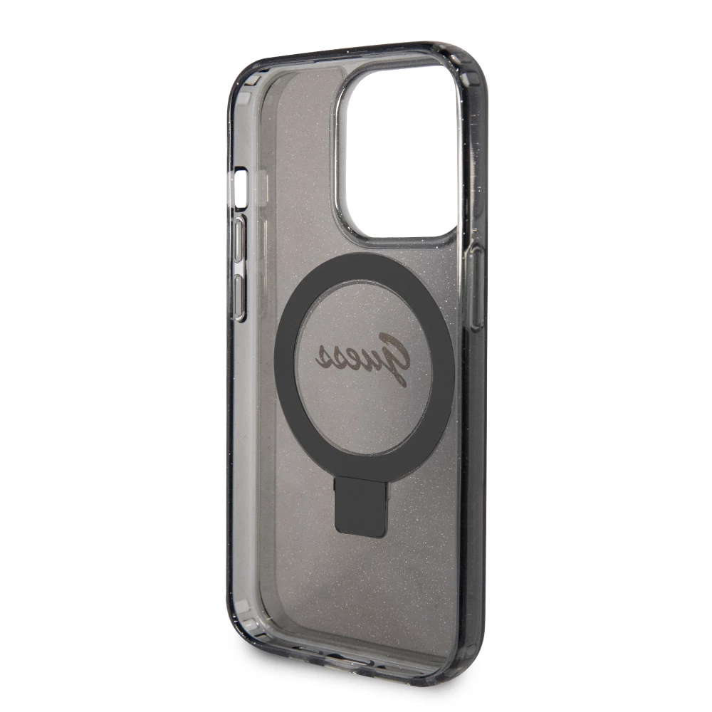 Coque iPhone 15 Pro Max - Guess gel rigide pailleté avec anneau support MagSafe amovible et logo doré - Noir transparent
