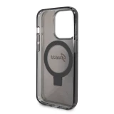 Coque iPhone 15 Pro Max - Guess gel rigide pailleté avec anneau support MagSafe amovible et logo doré - Noir transparent