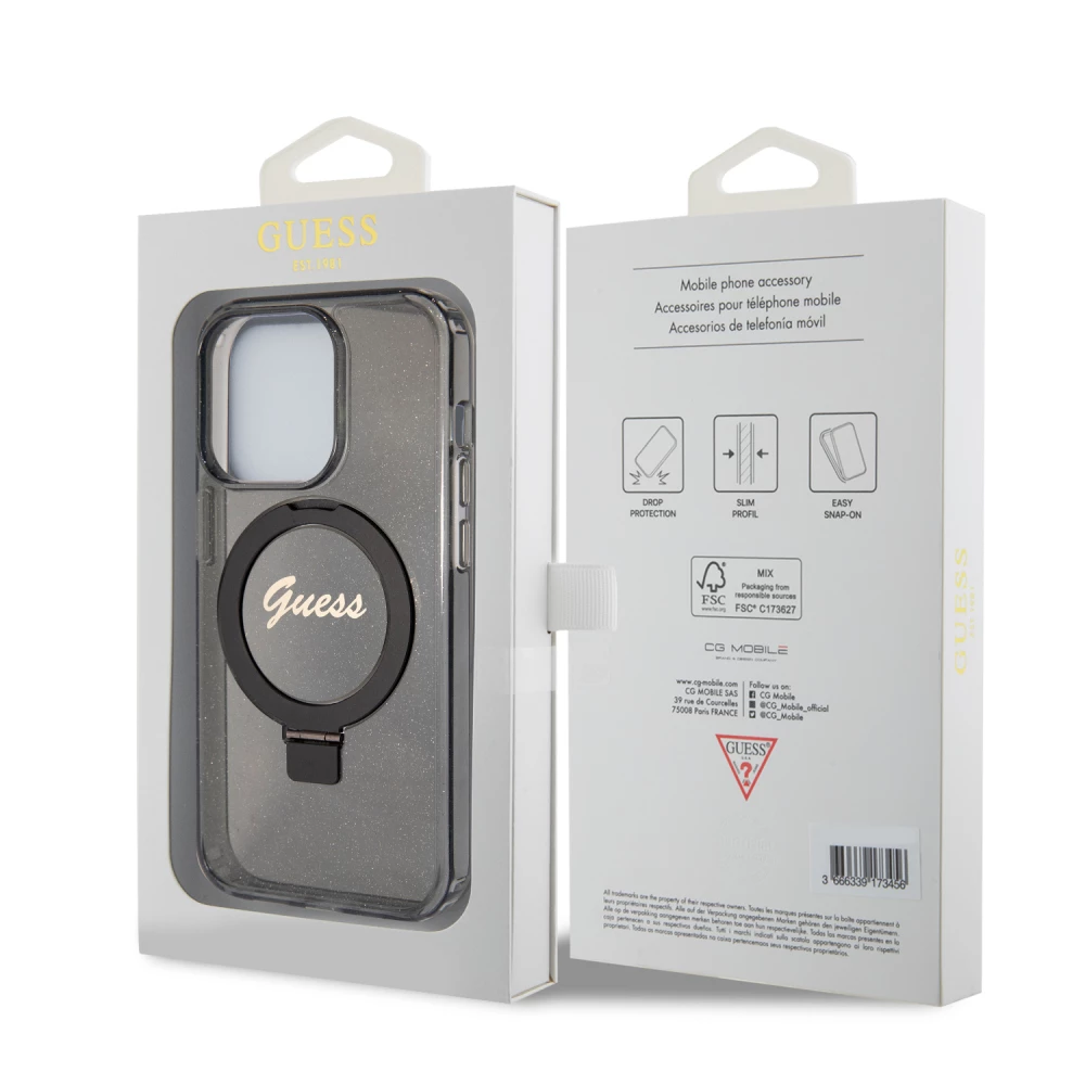 Coque iPhone 15 Pro Max - Guess gel rigide pailleté avec anneau support MagSafe amovible et logo doré - Noir transparent