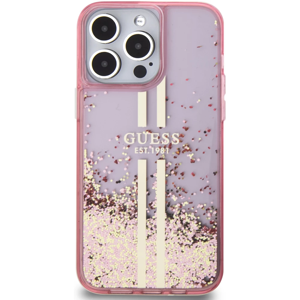 iPhone 15 Pro Case Hülle - Guess starres Gel flüssiger Glitter in Gold und Silber mit goldenem Logo - Rosa