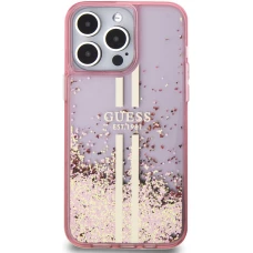 iPhone 15 Pro Case Hülle - Guess starres Gel flüssiger Glitter in Gold und Silber mit goldenem Logo - Rosa