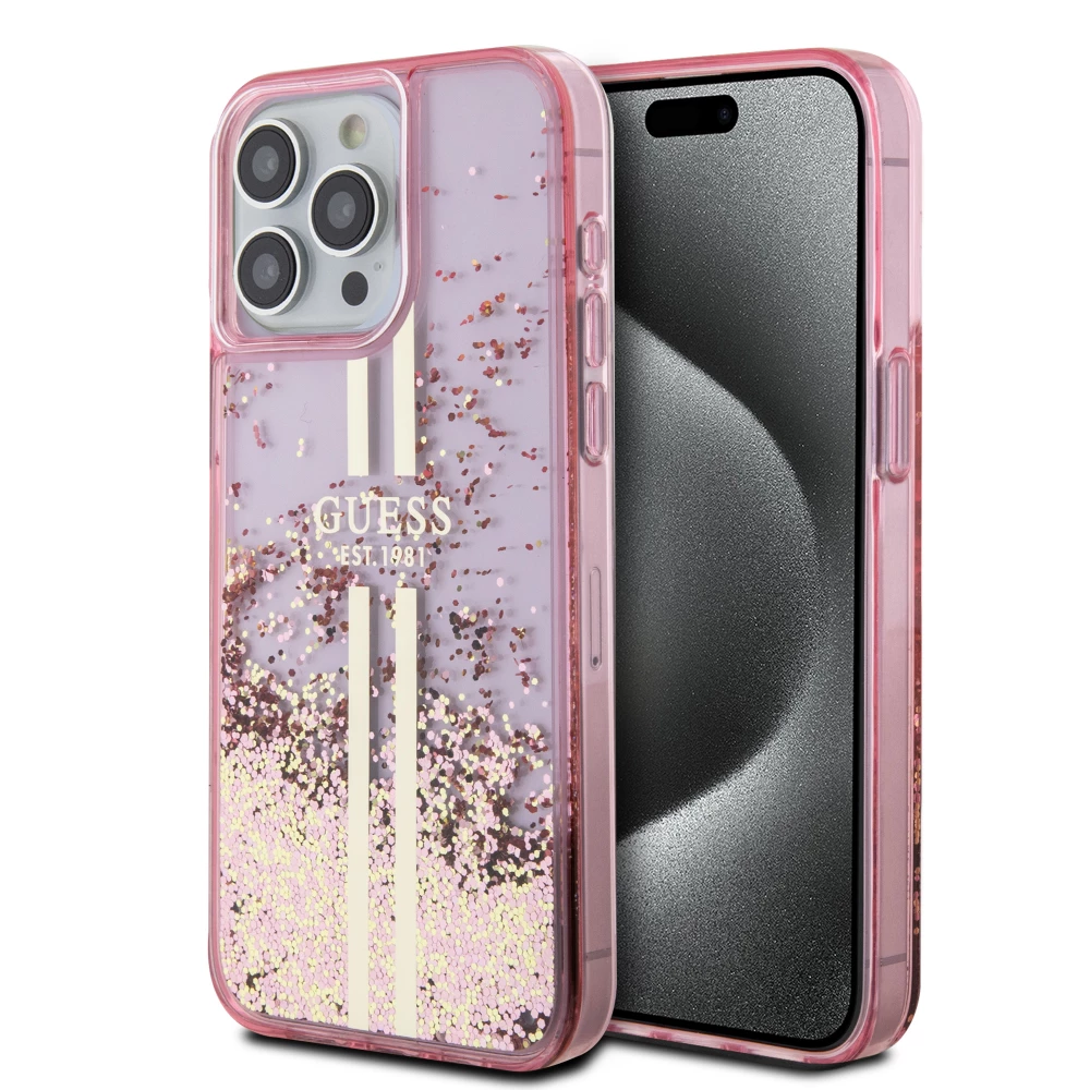iPhone 15 Pro Case Hülle - Guess starres Gel flüssiger Glitter in Gold und Silber mit goldenem Logo - Rosa