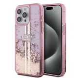 iPhone 15 Pro Case Hülle - Guess starres Gel flüssiger Glitter in Gold und Silber mit goldenem Logo - Rosa