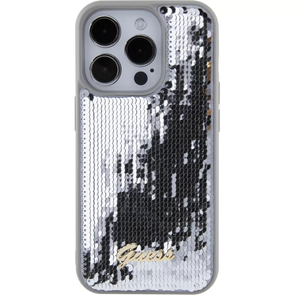 iPhone 15 Pro Max Case Hülle - Guess Anti-Stress Wendepailletten mit goldenem Metalllogo - Silber