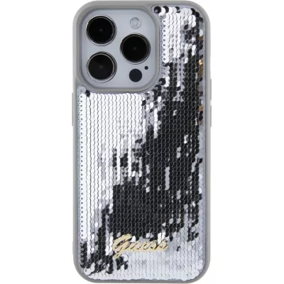 Coque iPhone 15 Pro Max - Guess paillettes réversibles anti-stress avec logo métallique doré - Argent