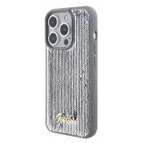 iPhone 15 Pro Max Case Hülle - Guess Anti-Stress Wendepailletten mit goldenem Metalllogo - Silber
