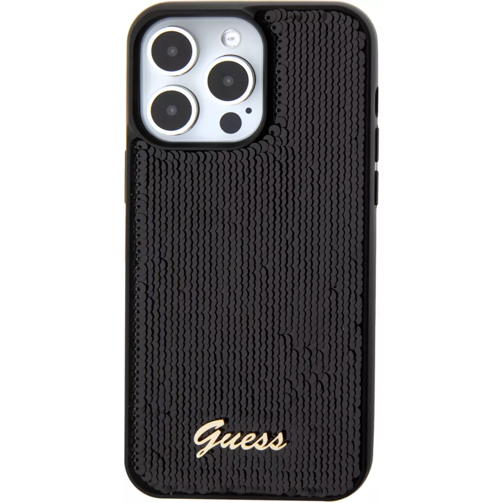 Coque iPhone 15 Pro Max - Guess paillettes réversibles anti-stress avec logo métallique doré - Noir