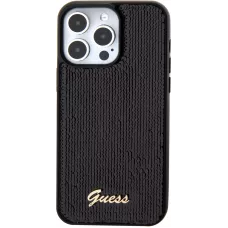 Coque iPhone 15 Pro Max - Guess paillettes réversibles anti-stress avec logo métallique doré - Noir