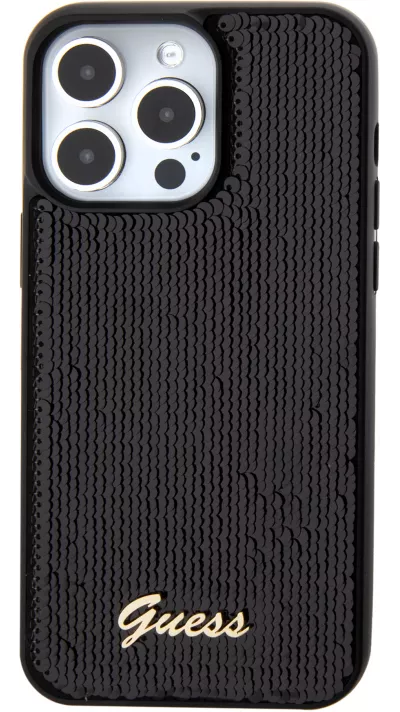 Coque iPhone 15 Pro - Guess paillettes réversibles anti-stress avec logo métallique doré - Noir