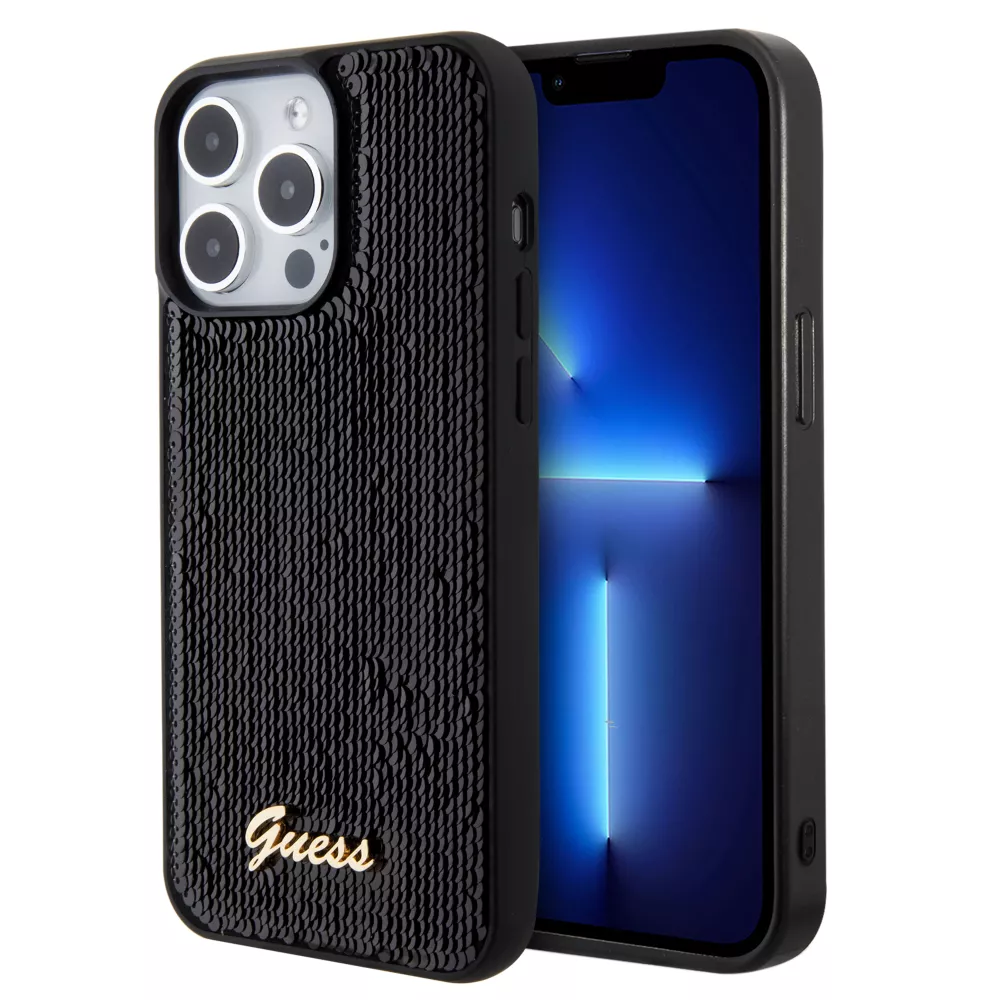 Coque iPhone 15 Pro Max - Guess paillettes réversibles anti-stress avec logo métallique doré - Noir