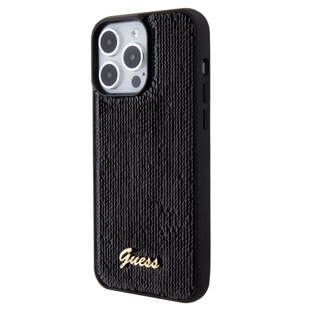 Coque iPhone 15 Pro Max - Guess paillettes réversibles anti-stress avec logo métallique doré - Noir