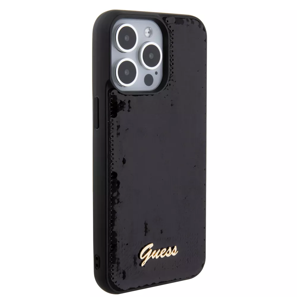 Coque iPhone 15 Pro Max - Guess paillettes réversibles anti-stress avec logo métallique doré - Noir
